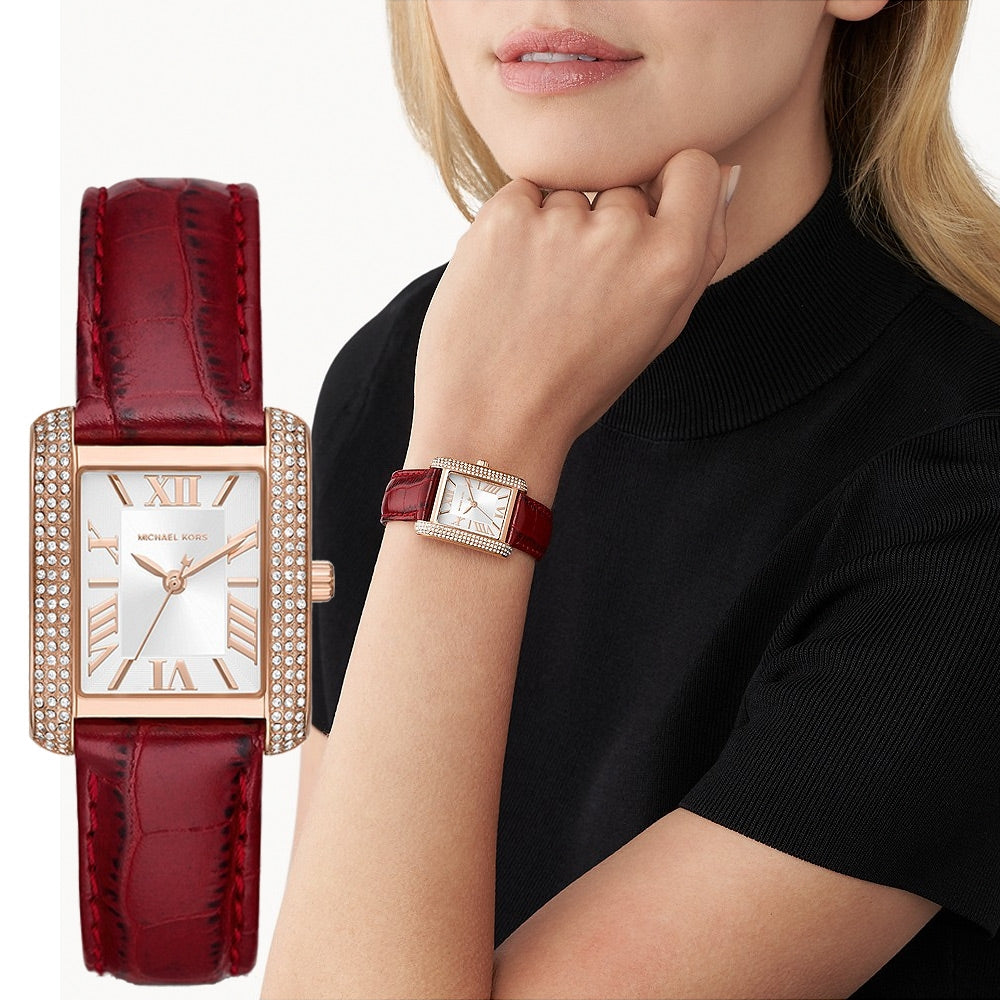 Michael Kors Emery Quartz Diamonds Silver Dial Red Leather Strap Watch For Women - MK4689 Buy Now By Michael Kors