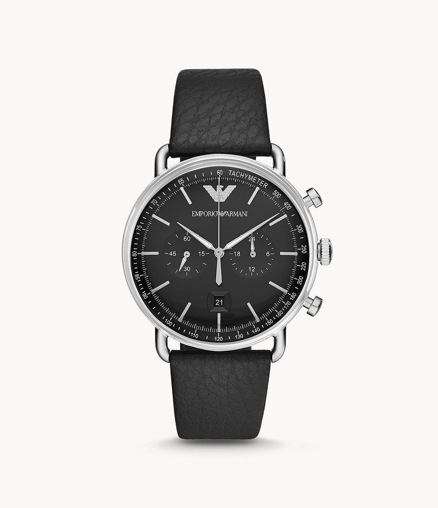 Emporio Armani Aviator Chronograph Black Dial Black Leather Strap Watch For Men - AR11143 Buy Now By Emporio Armani