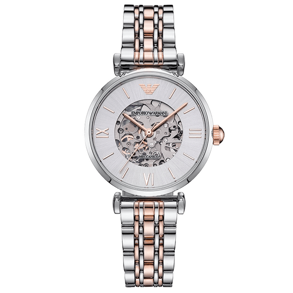 Emporio Armani Gianni T Bar Silver Skeleton Dial Two Tone Strap Watch For Women - AR1992 Buy Now By Emporio Armani