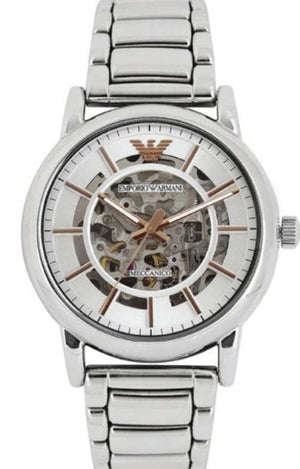 Emporio Armani Meccanico Skeleton Silver Dial Silver Steel Strap Watch For Men - AR1980 Buy Now By Emporio Armani