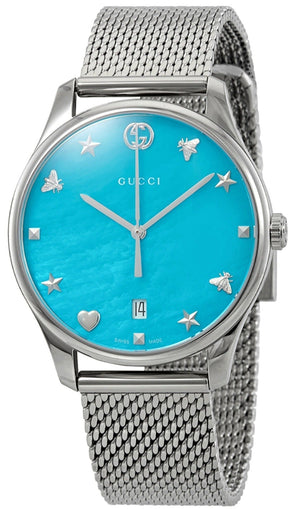 Gucci G-Timeless Turquoise Mother of Pearl Dial Silver Mesh Bracelet Watch For Women - YA126582 Buy Now By Gucci