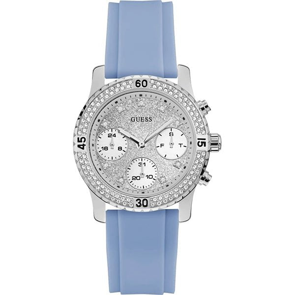 Guess Confetti Crystal Silver Dial Blue Rubber Strap Watch For Women - W1098L3 Buy Now By Guess