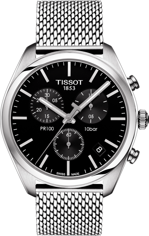Tissot PR 100 Chronograph Black Dial Silver Mesh Bracelet Watch For Men - T101.417.11.051.01 Buy Now By Tissot