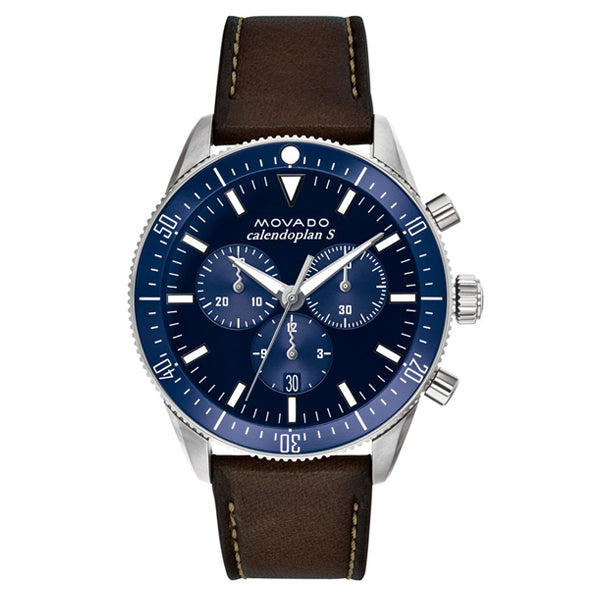 Movado Heritage 29mm Chronograph Blue Dial Brown Leather Strap Watch For Men - 3650061 Buy Now By Movado