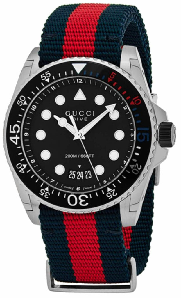 Gucci Dive Black Dial Red & Blue Nylon Strap Watch For Men - YA136210 Buy Now By Gucci
