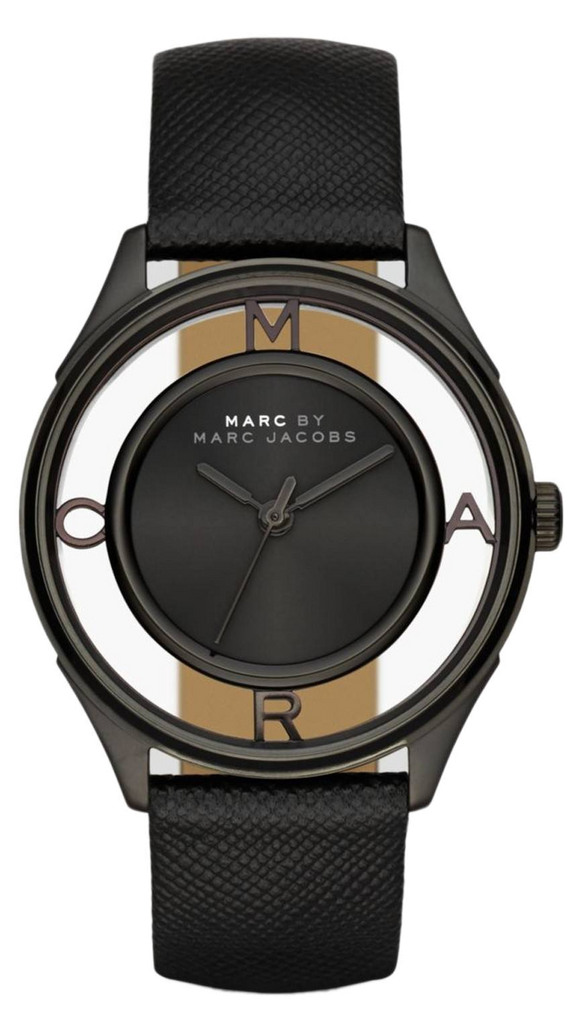 Marc Jacobs Tether Transparent Black Dial Black Leather Strap Watch for Women - MBM1379 Buy Now By Marc Jacobs