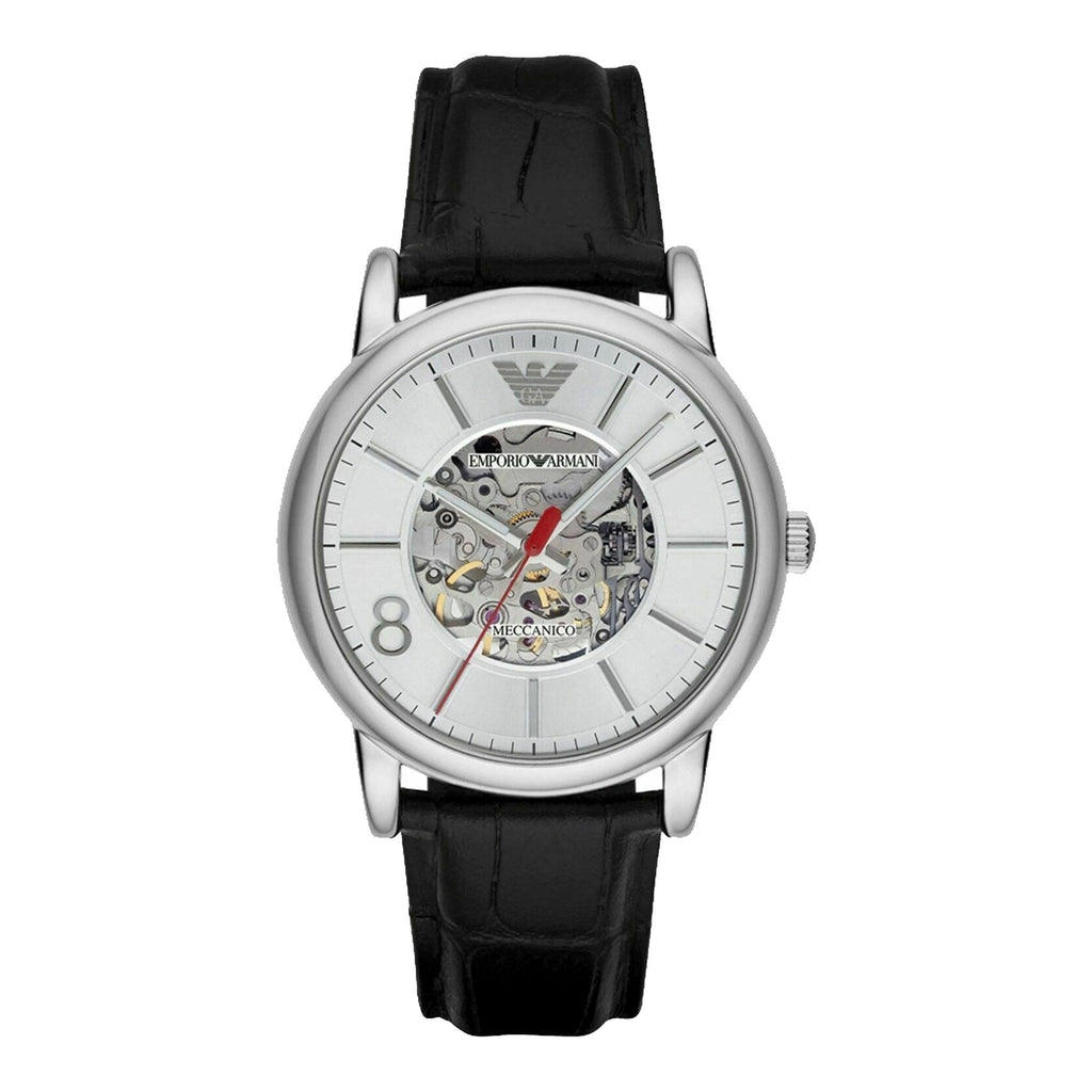 Emporio Armani Meccanico Silver Skeleton Dial Black Leather Watch For Men - AR1997 Buy Now By Emporio Armani