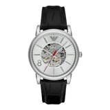 Emporio Armani Meccanico Silver Skeleton Dial Black Leather Watch For Men - AR1997 Buy Now By Emporio Armani
