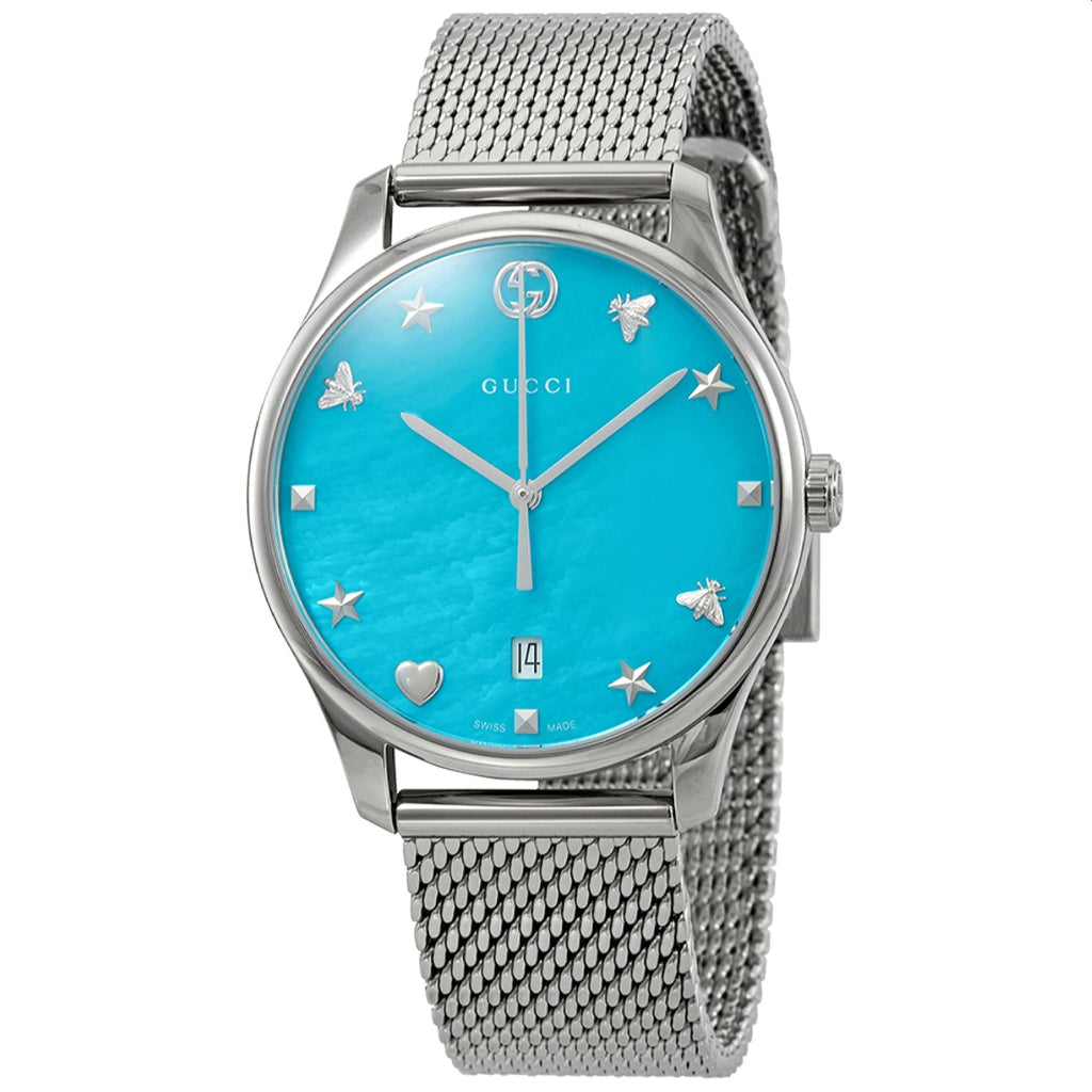 Gucci G-Timeless Turquiose Mother of Pearl Dial Silver Mesh Bracelet Watch For Women - YA1264039 Buy Now By Gucci