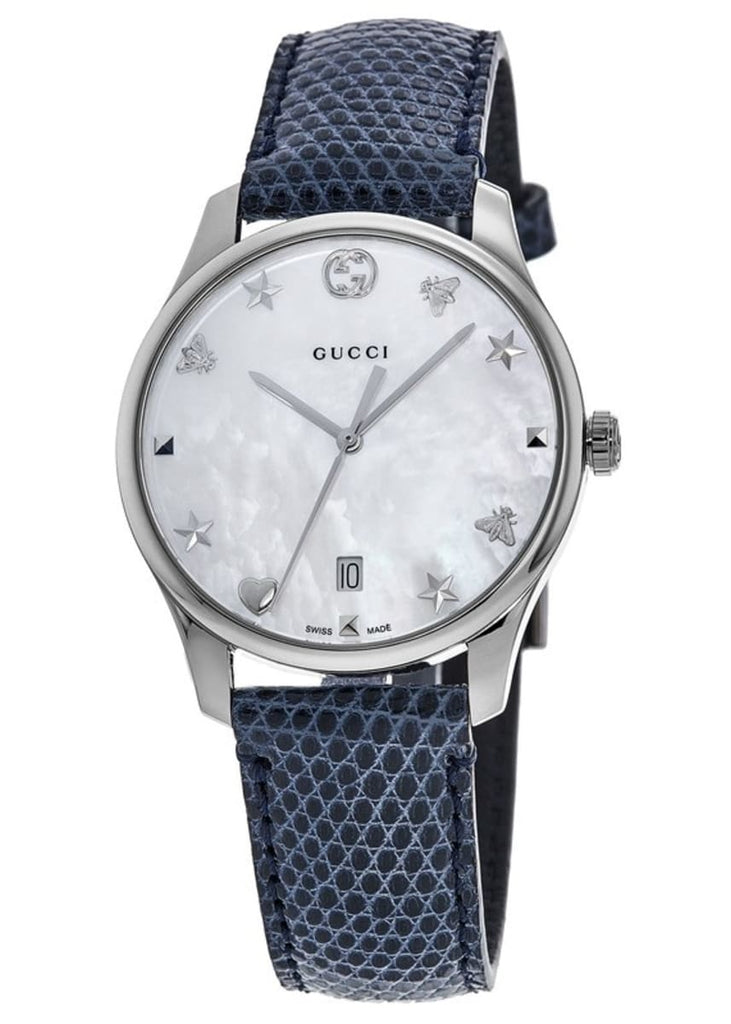 Gucci G-Timeless Signature Mother of Pearl Silver Dial Blue Leather Strap Watch For Women - YA1264049 Buy Now By Gucci