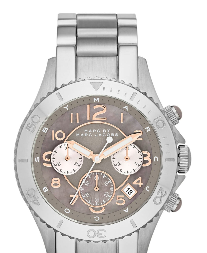 Marc Jacobs Rock Chronograph Mother of Pearl Grey Dial Silver Steel Strap Watch for Women - MBM3250 Buy Now By Marc Jacobs