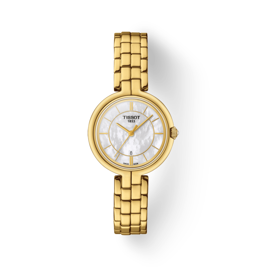 Tissot Flamingo Mother of Pearl White Dial Gold Steel Strap Watch For Women - T094.210.33.111.00 Buy Now By Tissot