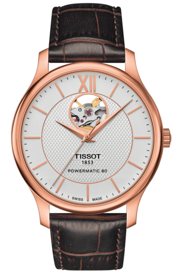 Tissot Tradition Powermatic 80 Open Heart Silver Dial Brown Leather Strap Watch For Men - T063.907.36.038.00 Buy Now By Tissot