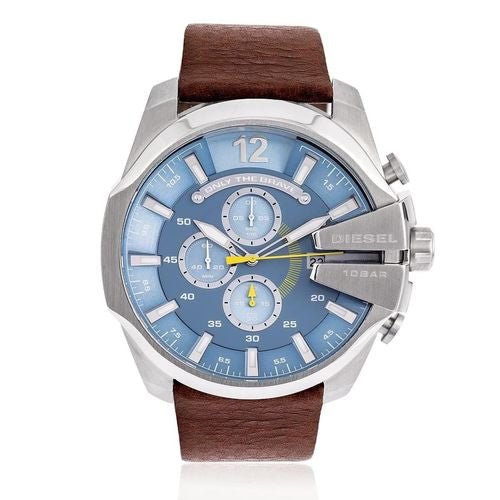 Diesel Mega Chief Chronograph Blue Dial Brown Leather Strap Watch For Men - DZ4281 Buy Now By Diesel