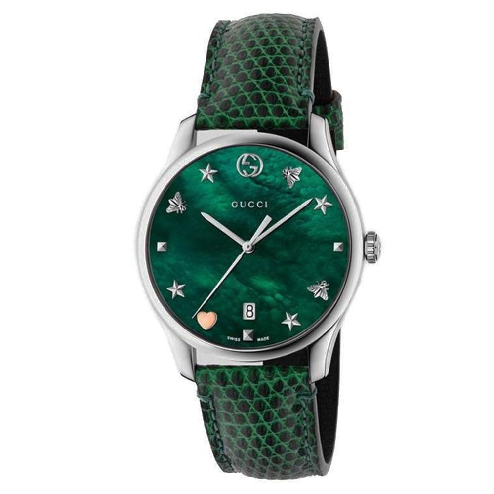 Gucci G-Timeless Green Mother of Pearl Dial Green Leather Strap Watch For Women - YA126585 Buy Now By Gucci