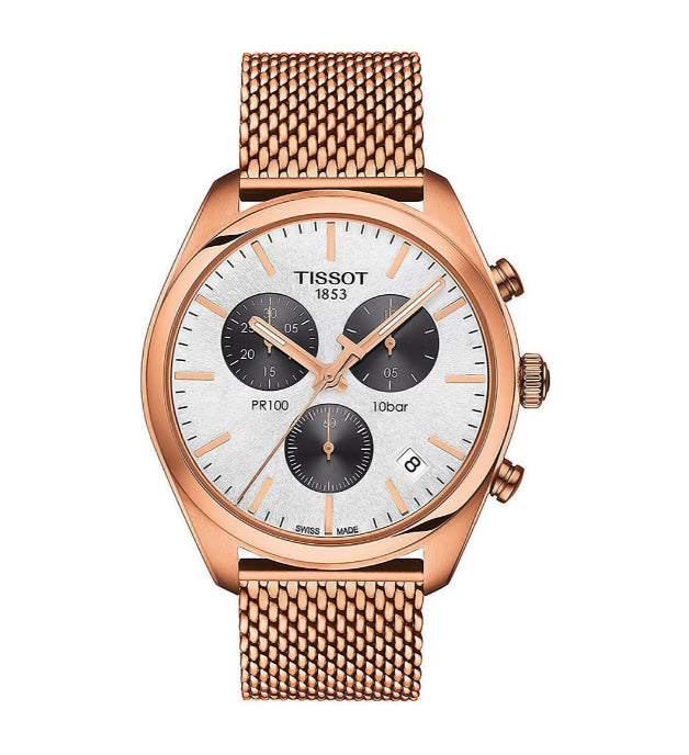 Tissot T Classic PR 100 Chronograph Silver Dial Rose Gold Mesh Bracelet Watch For Men - T101.417.33.031.01 Buy Now By Tissot