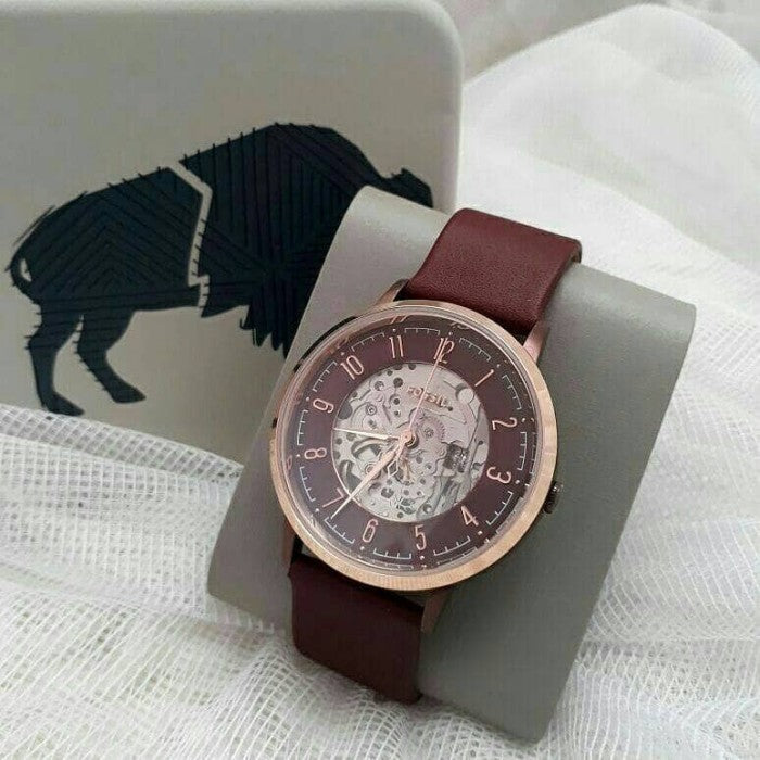 Fossil Vintage Muse Automatic Skeleton Maroon Dial Maroon Leather Strap Watch for Women - ME3137 Buy Now By Fossil