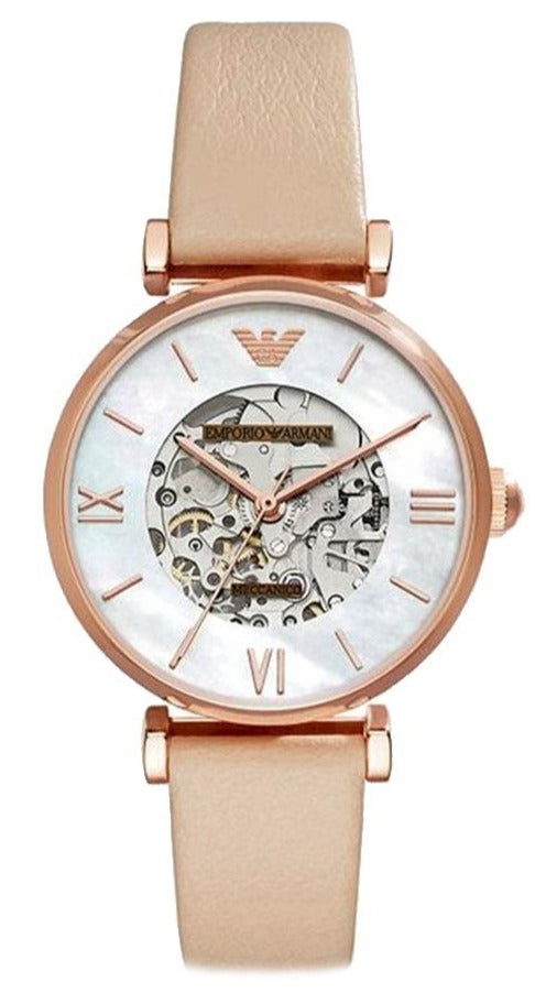 Emporio Armani Meccanico Silver Skeleton Dial Beige Leather Strap Watch For Women - AR60001 Buy Now By Emporio Armani
