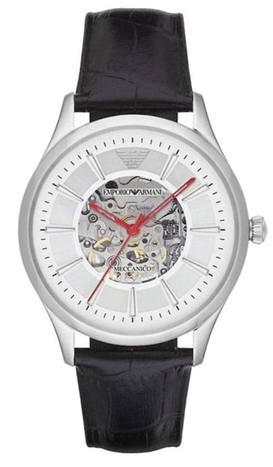 Emporio Armani Meccanico Silver Skeleton Dial Black Leather Strap Watch For Men - AR2072 Buy Now By Emporio Armani