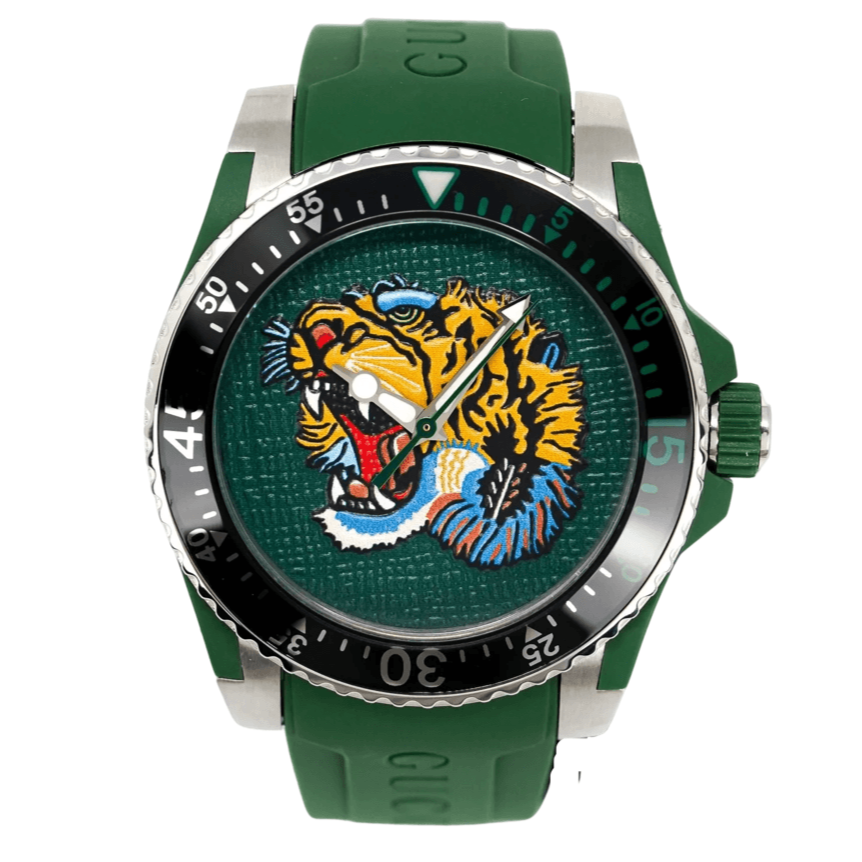 Gucci Dive Tiger Green Dial Green Rubber Strap Watch For Men - YA136316 Buy Now By Gucci