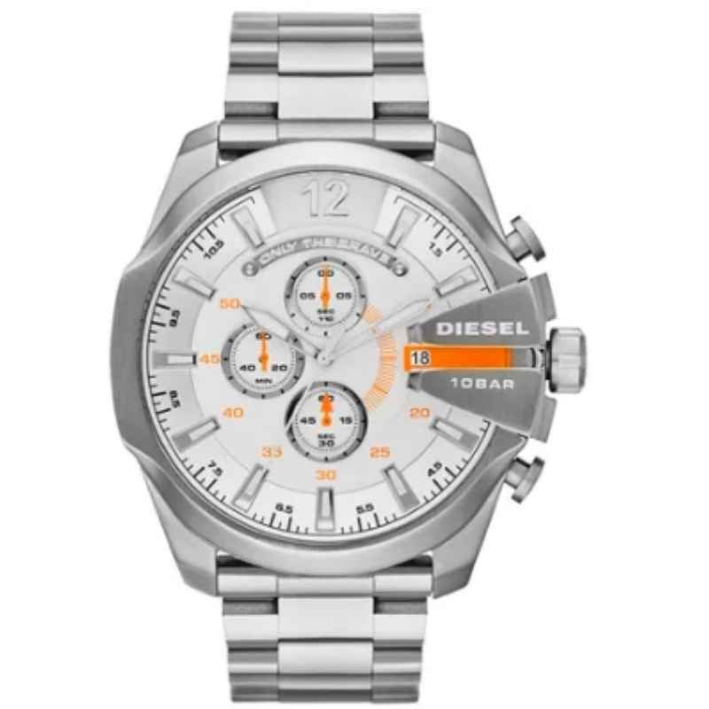 Diesel Mega Chief Chronograph White Dial Silver Steel Strap Watch For Men - DZ4328 Buy Now By Diesel