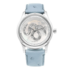 Gucci G Timeless Automatic Mother of Pearl Dial Blue Leather Strap Watch For Women - YA1264113 Buy Now By Gucci