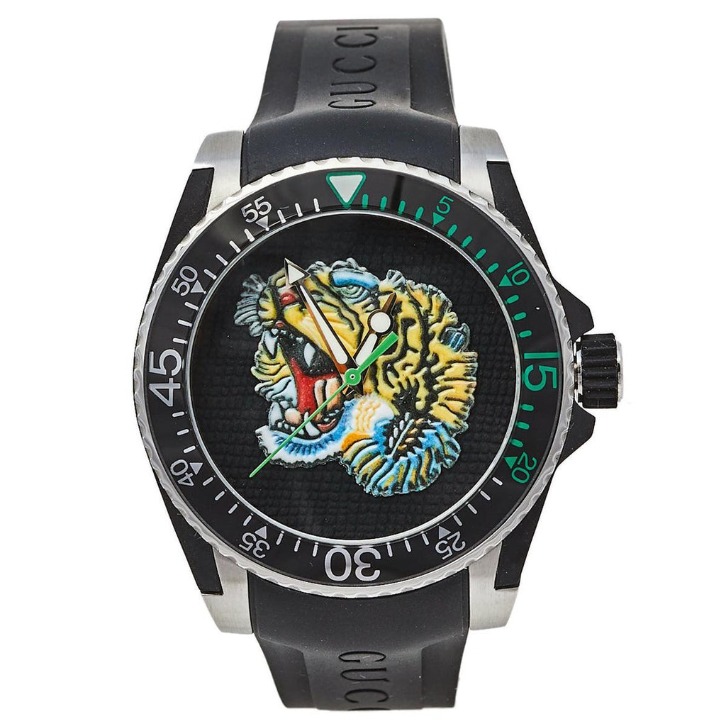 Gucci Dive Tiger Black Dial Black Rubber Strap Watch For Men - YA136318 Buy Now By Gucci