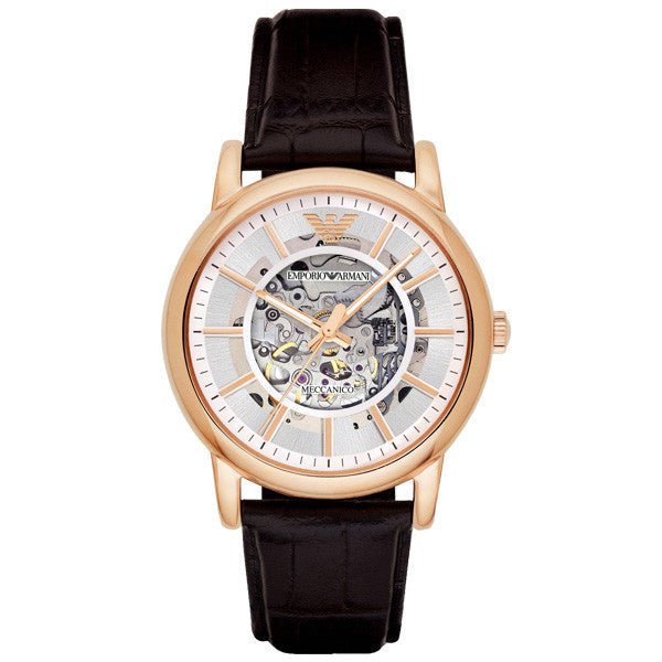 Emporio Armani Meccanico Silver Skeleton Dial Brown Leather Strap Watch For Men - AR1983 Buy Now By Emporio Armani