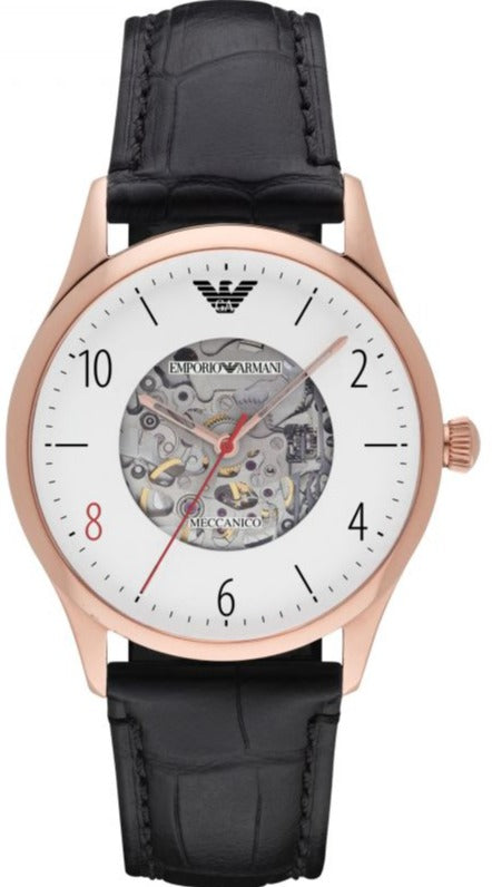Emporio Armani Meccanico White Skeleton Dial Black Leather Strap Watch For Men - AR1924 Buy Now By Emporio Armani