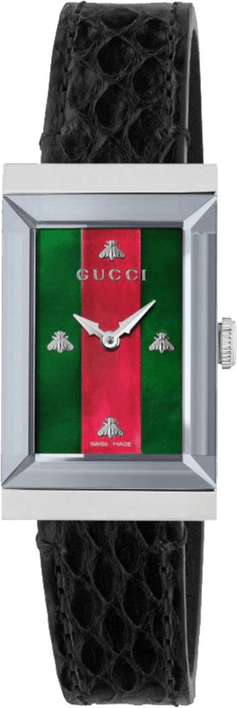 Gucci G-Frame Mother of Pearl Green & Red Dial Black Leather Strap Watch For Women - YA147403 Buy Now By Gucci