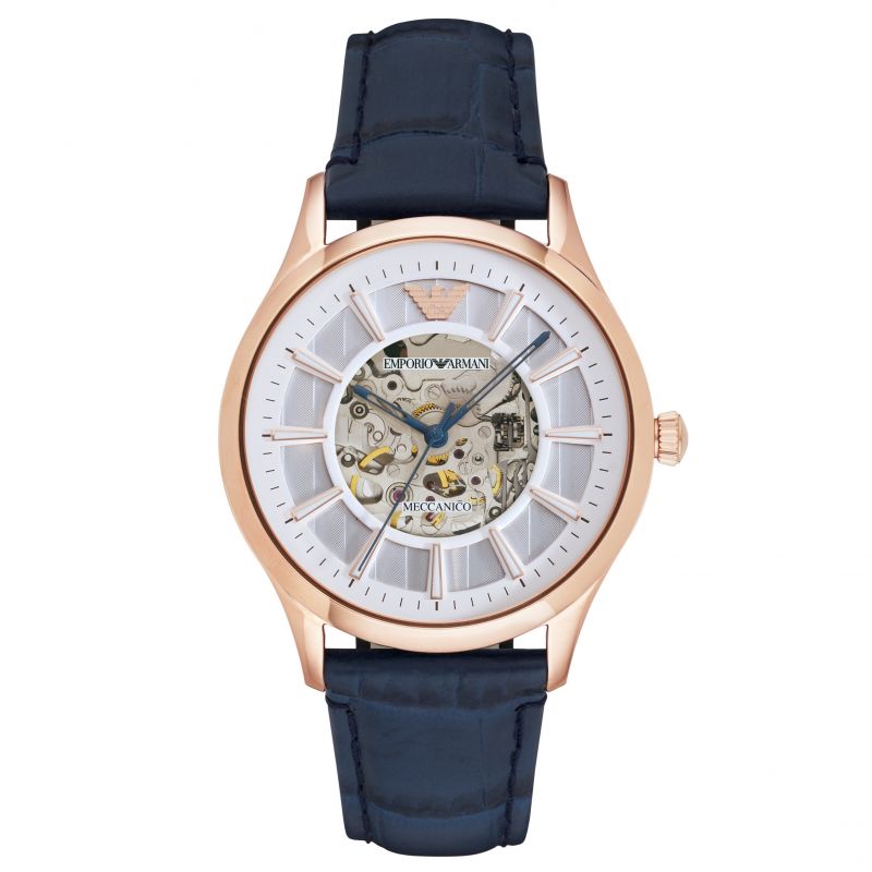 Emporio Armani Meccanico Automatic White Dial Blue Leather Strap Watch For Men - AR1947 Buy Now By Emporio Armani