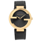 Gucci Interlocking G Gold Black Dial Black Leather Strap Unisex Watch - YA133326 Buy Now By Gucci