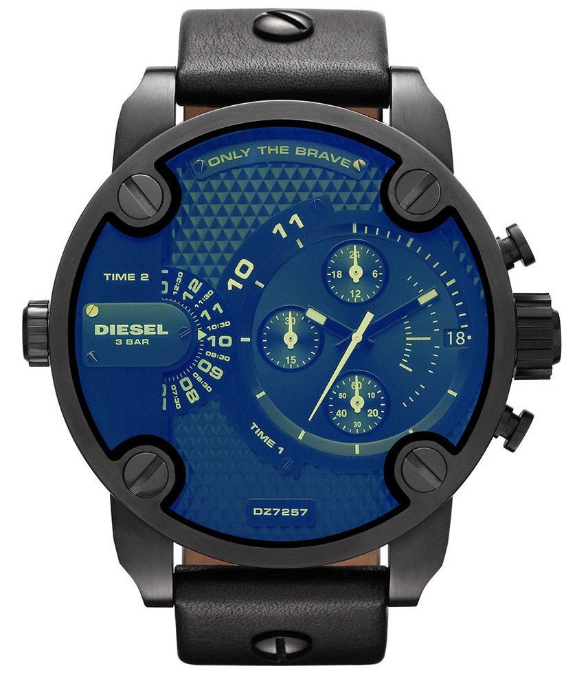 Diesel Little Daddy Blue Dial Black Leather Strap Watch For Men - DZ7257 Buy Now By Diesel