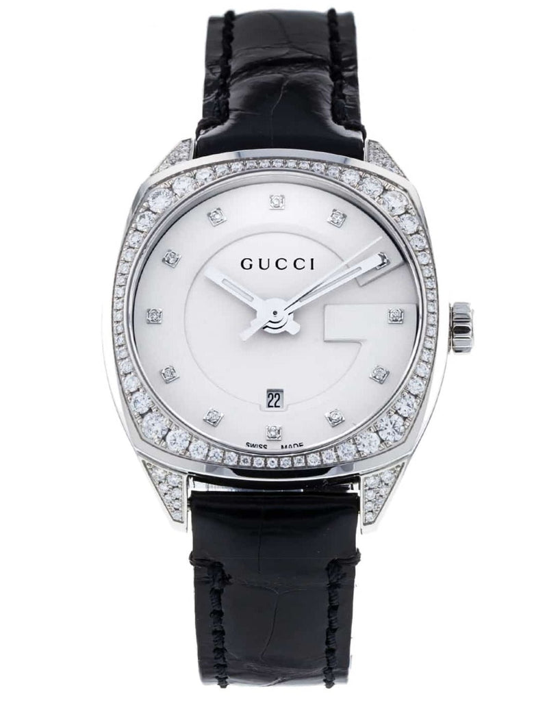 Gucci GG2570 Diamonds Silver Dial Black Leather Strap Watch For Women - YA142507 Buy Now By Gucci