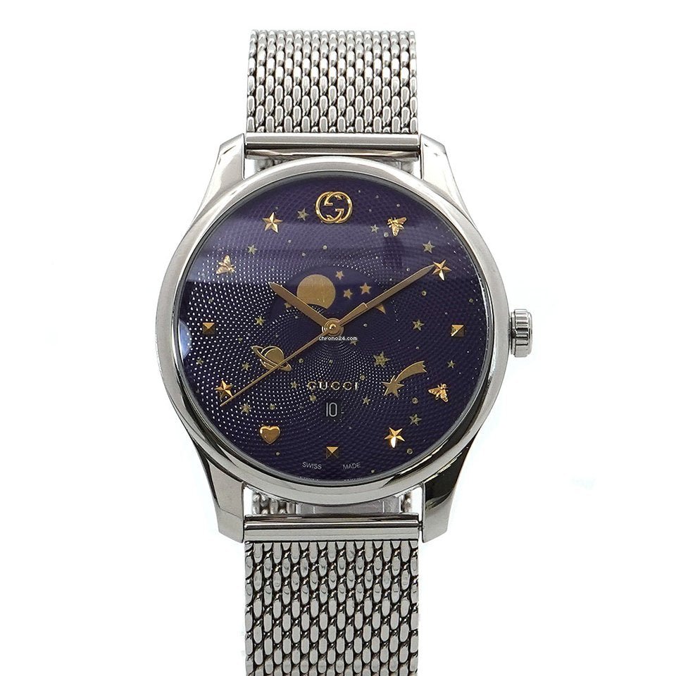 Gucci G-Timeless Motifs Moon Phase Blue Dial Silver Mesh Bracelet Watch For Men - YA126328 Buy Now By Gucci