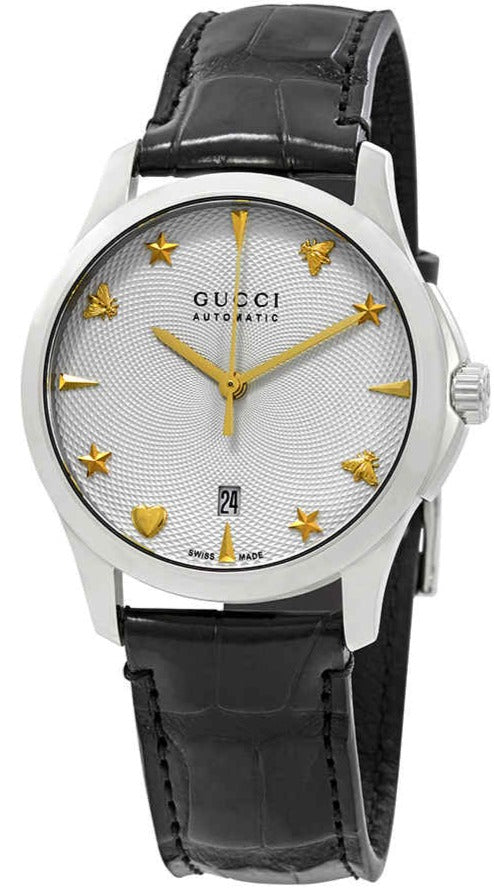 Gucci G Timeless Automatic Silver Dial Black Leather Strap Unisex Watch - YA126468 Buy Now By Gucci