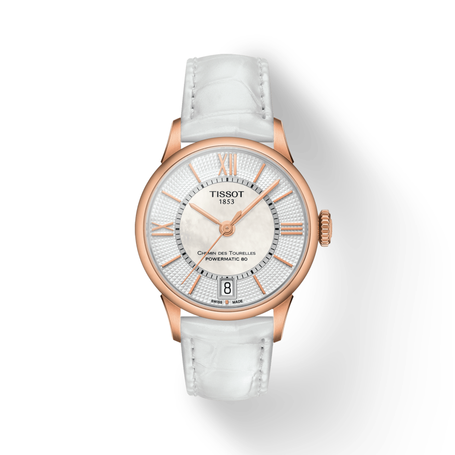 Tissot Chemin Des Tourelles Powermatic 80 Lady Silver Dial White Leather Strap Watch For Women - T099.207.36.118.00 Buy Now By Tissot