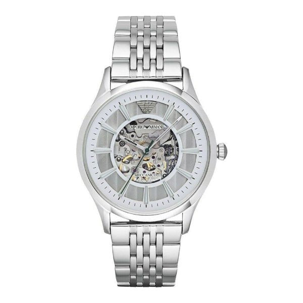 Emporio Armani Meccanico Skeleton Silver Dial Silver Steel Strap Watch For Men - AR1945 Buy Now By Emporio Armani