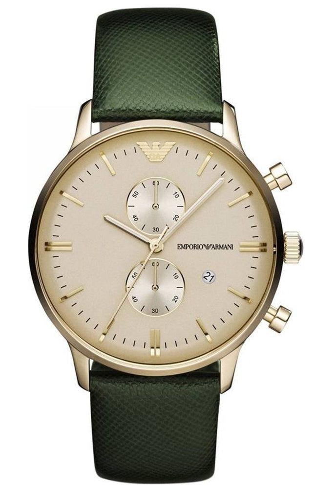 Emporio Armani Chronograph Champagne Dial Green Leather Strap Watch For Men - AR1722 Buy Now By Emporio Armani