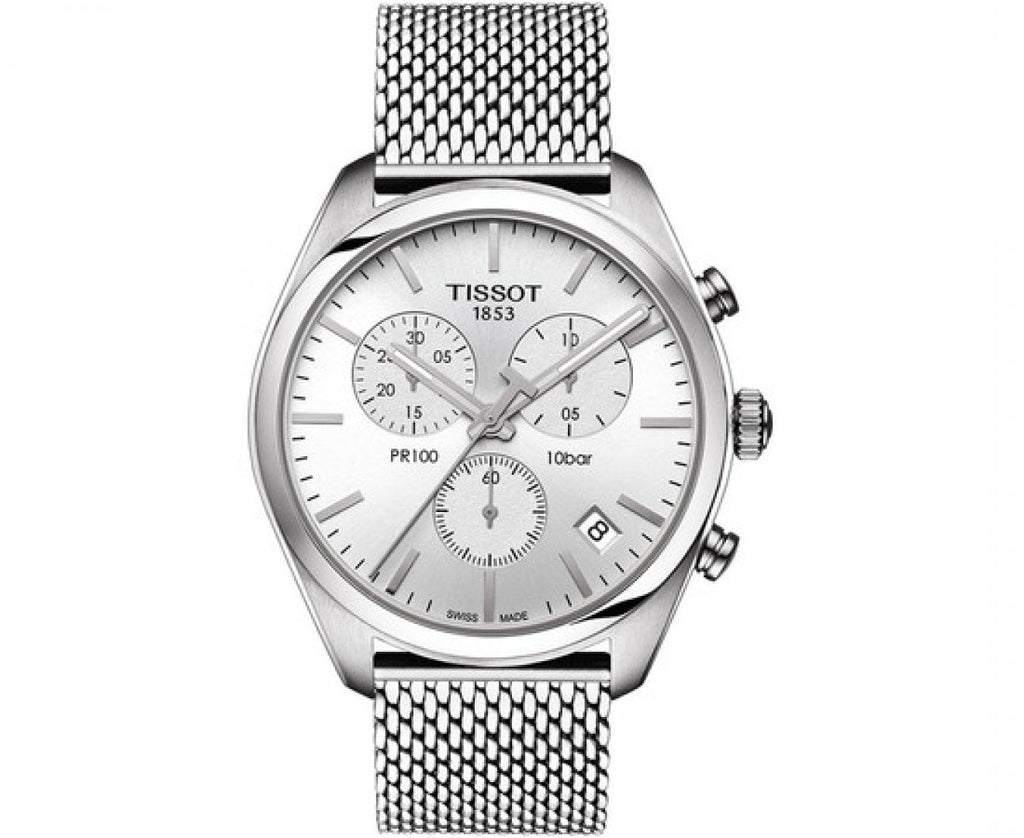 Tissot PR 100 Chronograph White Dial Silver Mesh Bracelet Watch For Men - T101.417.11.031.02 Buy Now By Tissot