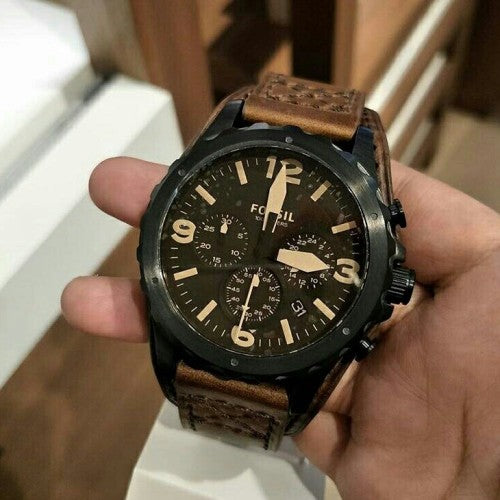 Fossil Nate Chronograph Brown Dial Brown Leather Strap Watch for Men - JR1511
