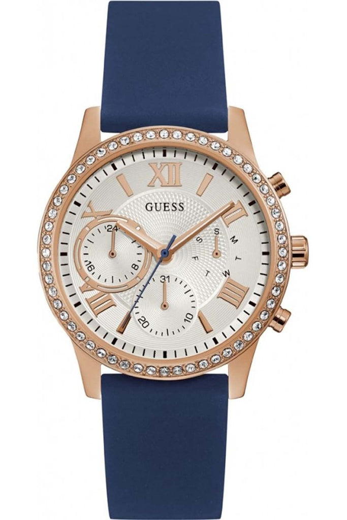 Guess Solar White Rose Gold Dial Blue Rubber Strap Watch For Women - W1135L3 Buy Now By Guess