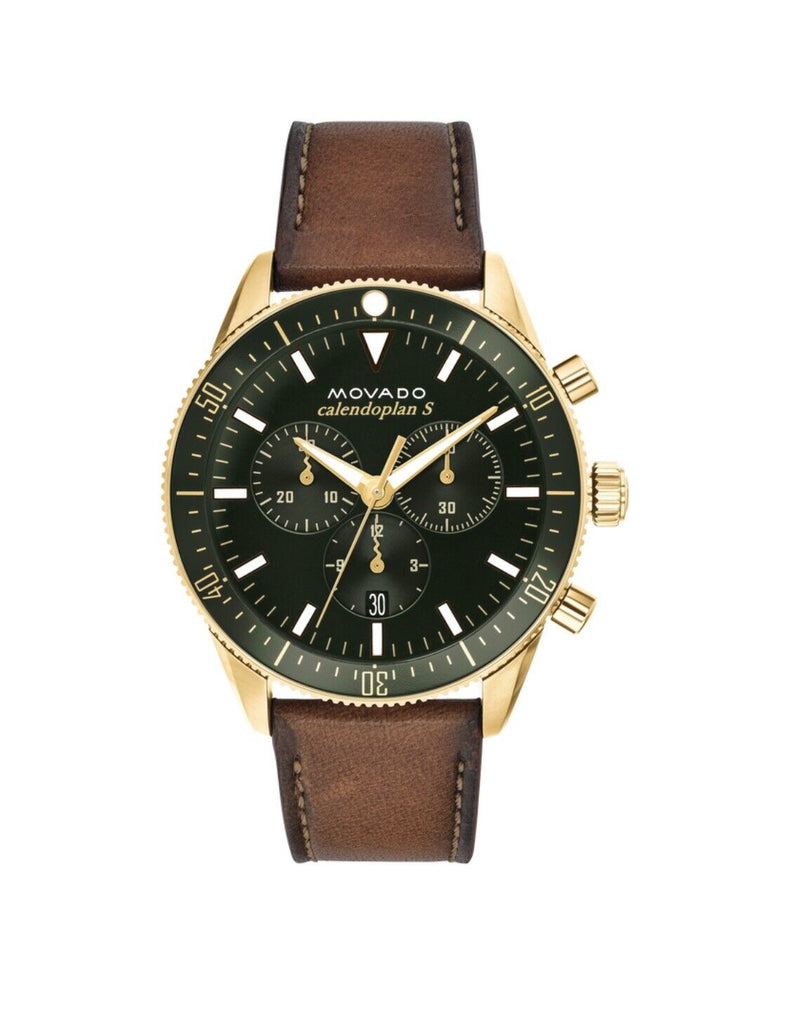 Movado Heritage Chronograph Green Dial Brown Leather Strap Watch For Men - 3650062 Buy Now By Movado
