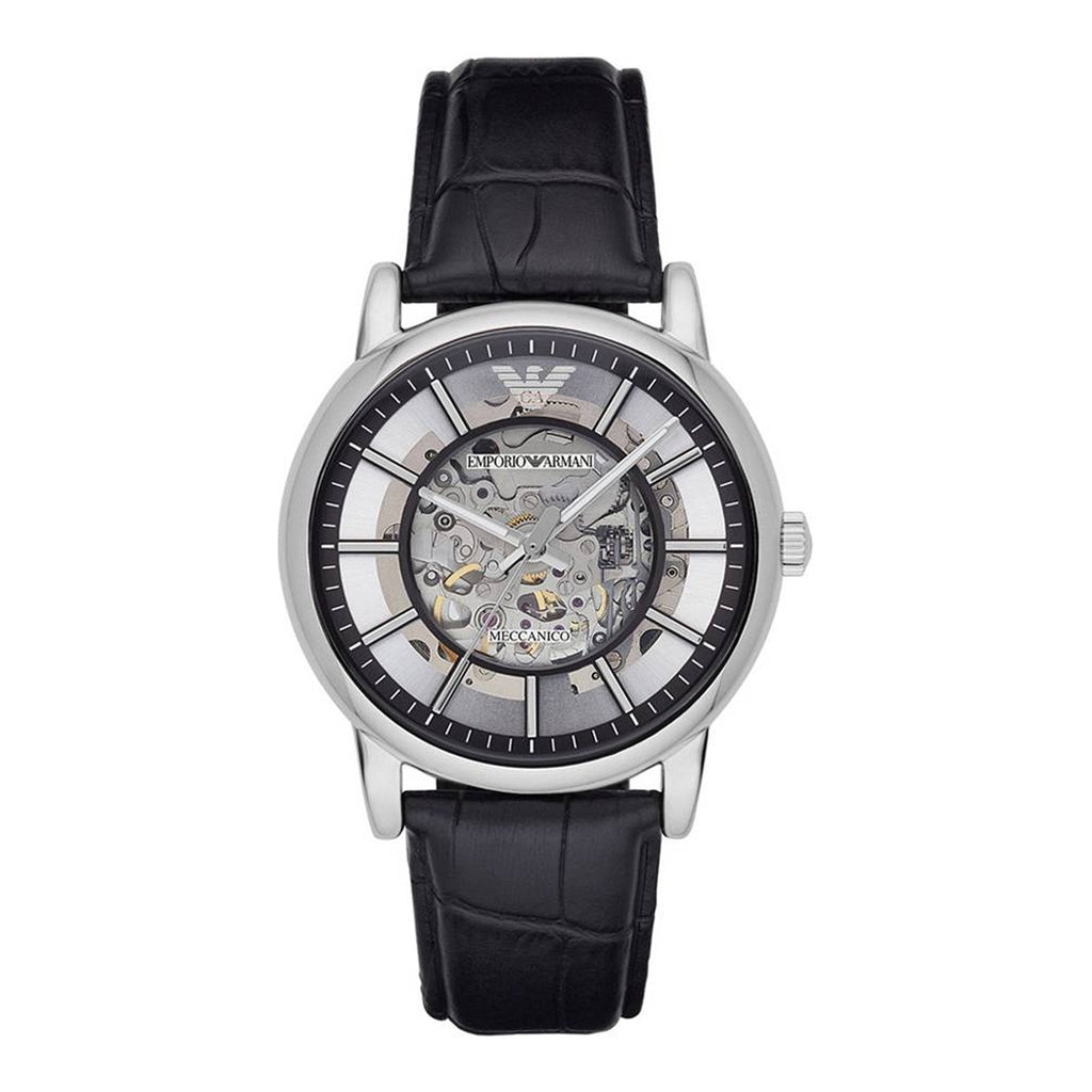 Emporio Armani Luigi Silver Skeleton Dial Black Leather Strap Watch For Men - AR1981 Buy Now By Emporio Armani