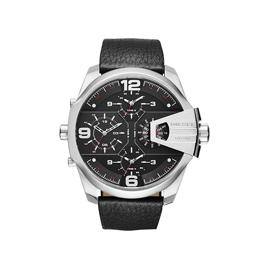 Diesel Uber Chief Oversized 4 Time Black Dial Leather Strap Watch For Men - DZ7376 Buy Now By Diesel
