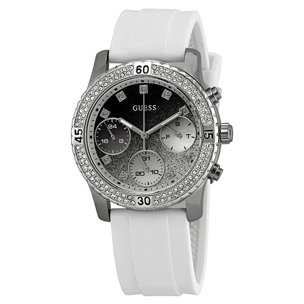 Guess Confetti Crystal Black Dial White Silicone Strap Watch For Women - W1098L1 Buy Now By Guess