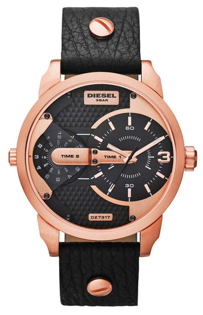 Diesel Mini Daddy Dual Time Black & Gold Dial Black Leather Strap Watch For Men - DZ7317 Buy Now By Diesel