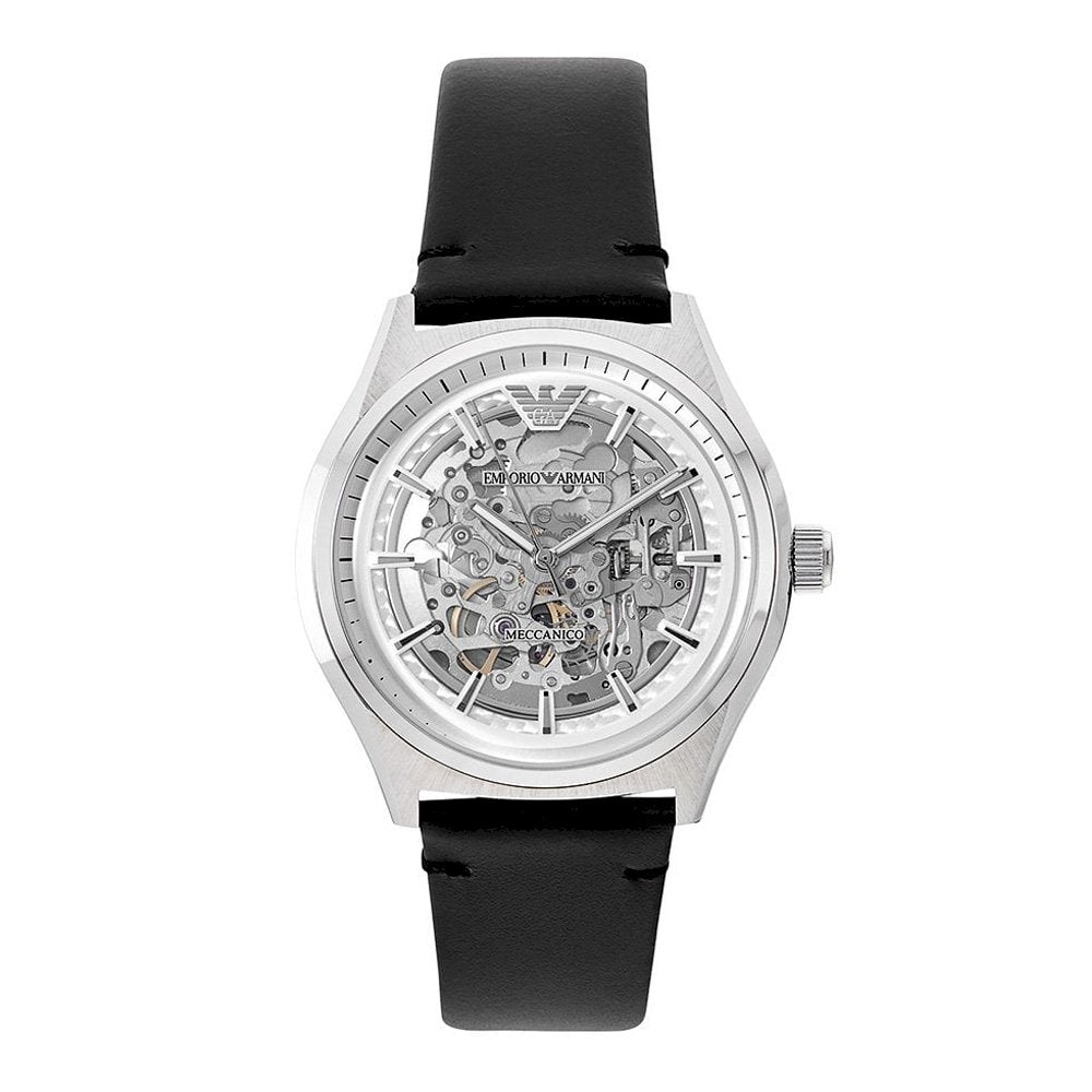 Emporio Armani Meccanico White Skeleton Dial Black Leather Strap Watch For Men - AR60003 Buy Now By Emporio Armani