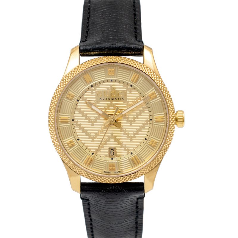 Gucci Eryx Automatic Chevron Gold Dial Black Leather Strap Watch For Men - YA126340 Buy Now By Gucci