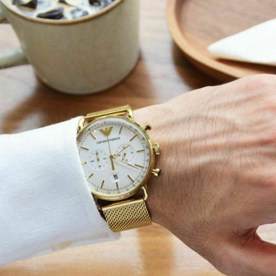 Emporio Armani Aviator Chronograph Quartz Beige Dial Gold Mesh Bracelet Watch For Men - AR11315 Buy Now By Emporio Armani